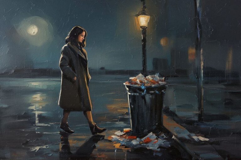 A woman walking alone at night and looking at a full trash can
