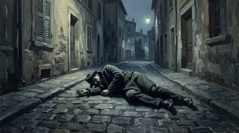 Acrylic painting of a mysterious dead body in a street.