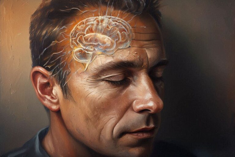 Man with closed eyes with his brain highlighted