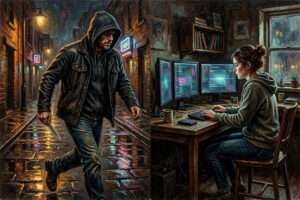 Two different offenders: one walking in the streets and the other behind a computer.