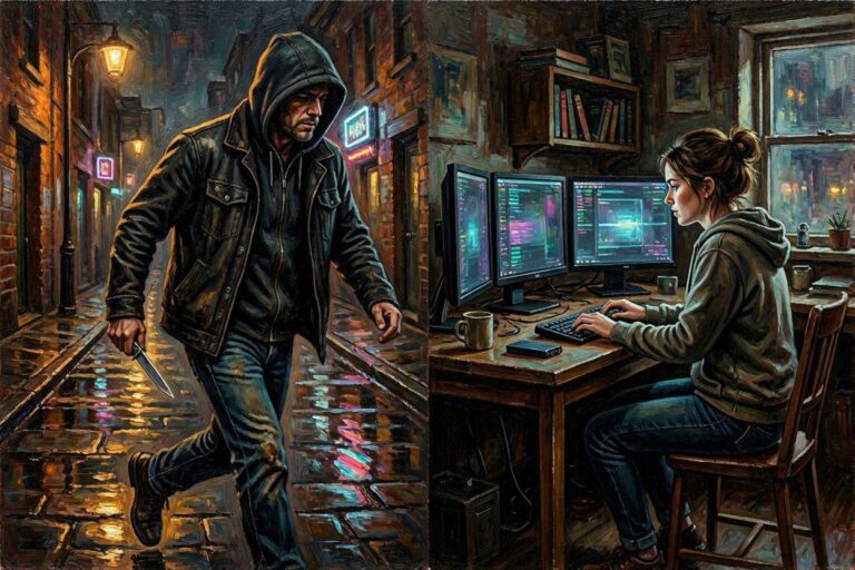 Two different offenders: one walking in the streets and the other behind a computer.