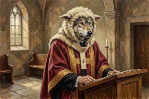 A wolf in sheep’s clothing wearing ecclesiastical clothing