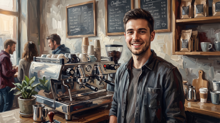 A young man standing near a coffee machine