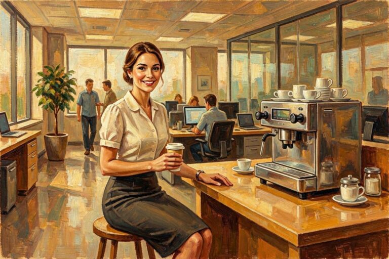 A woman in an office near a coffee machine