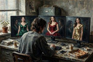 A man looking at three monitors, each showing a different woman.