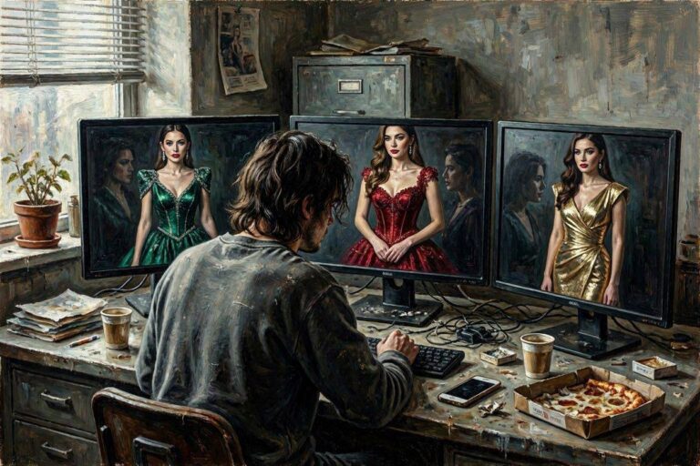 A man looking at three monitors, each showing a different woman.