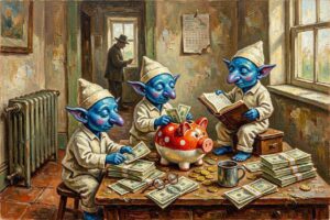 Smurfs counting money on a table