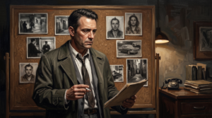 An investigator smoking a cigarette while reading a document