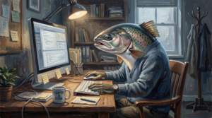 A fish working in front of a computer, symbolizing how spear phishing works