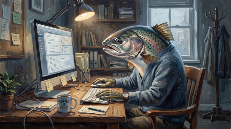 A fish working in front of a computer, symbolizing how spear phishing works