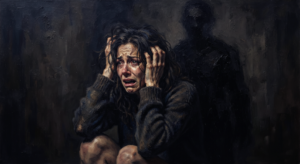 Acrylic painting of a terrified woman and a menacing shadow figure remains clearly visible in the background