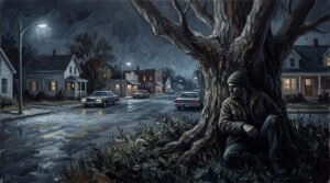 A man hiding behind a tree in a city at night.