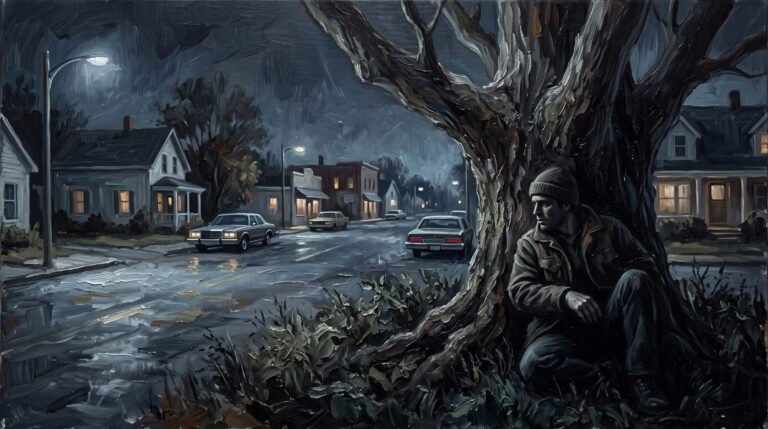 A man hiding behind a tree in a city at night.