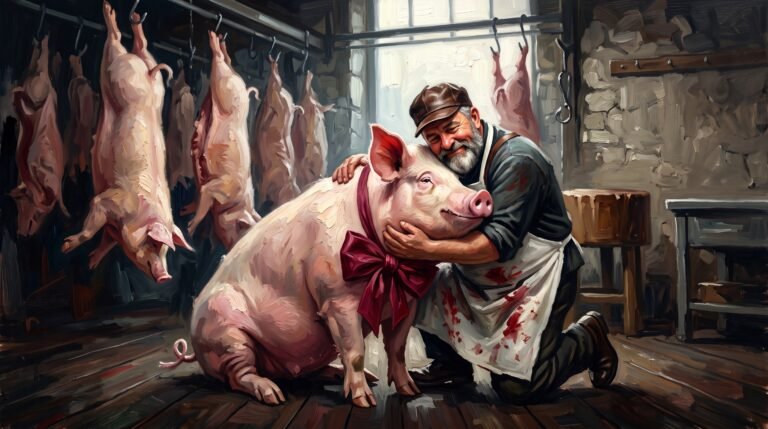 A butcher hugging a big pig wearing a red bow, with dead pigs behind them