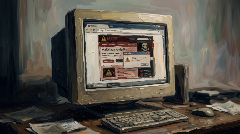 An old computer monitor displaying a browser window with a malicious website.
